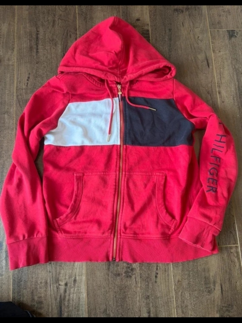 Tommy Hilfiger Red Hooded Zip Jacket with Navy & White Panels Women's Size Large